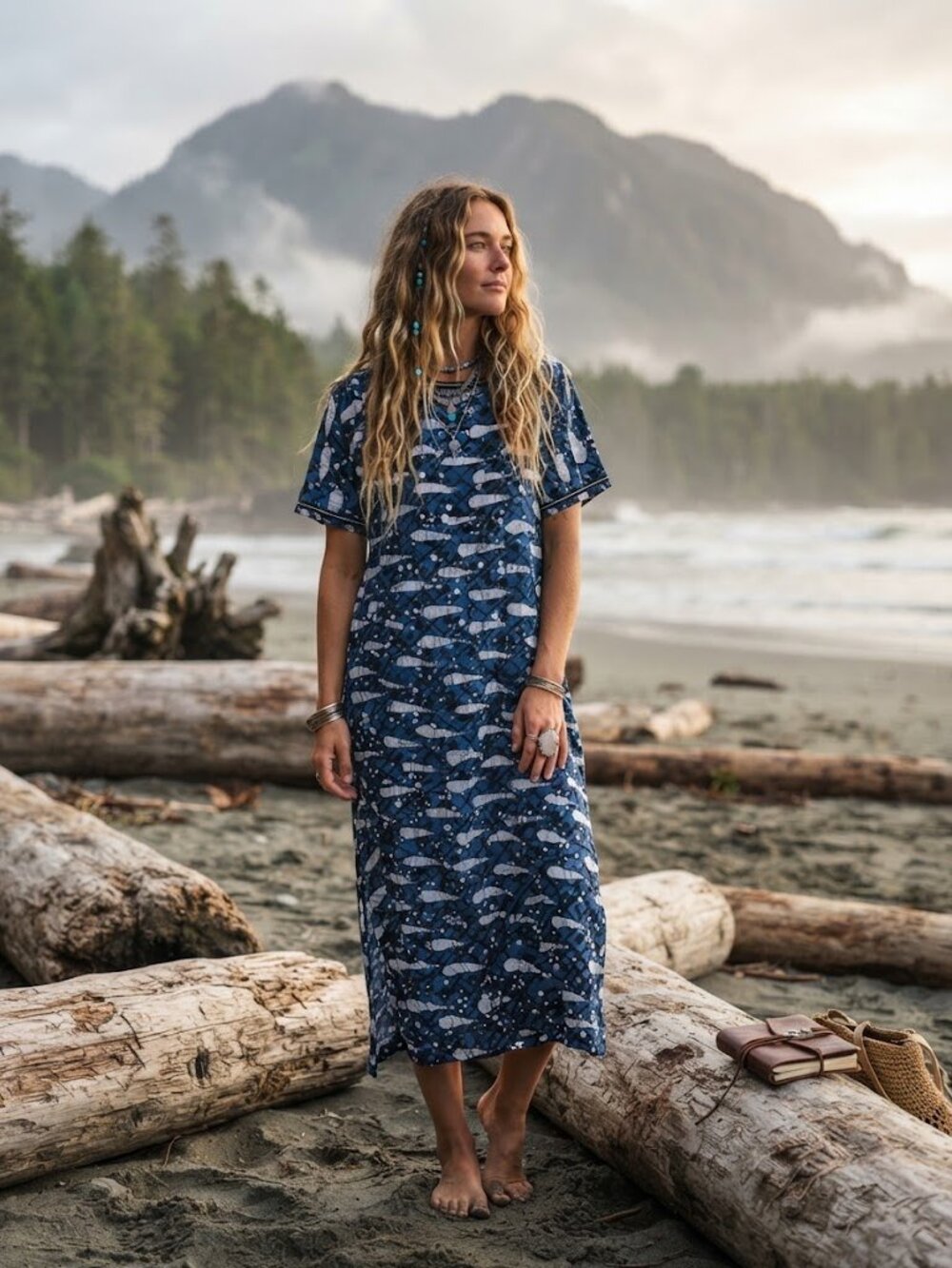Vintage Cotton Batik Maxi Kaftan Dress Hidden Front Zipper Blue White Abstract